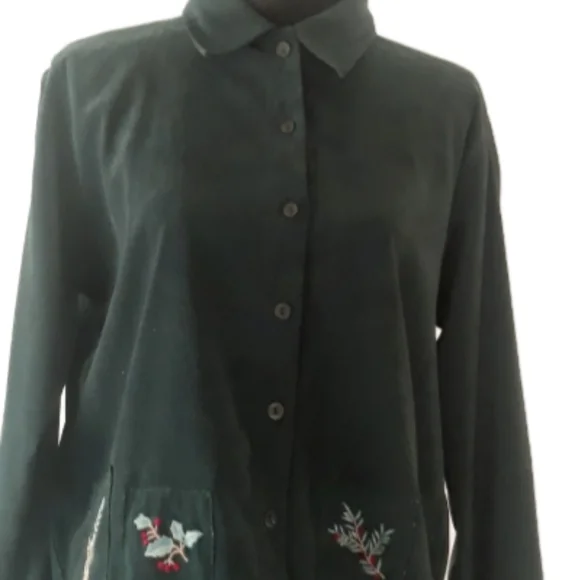 Vtg Christopher & Banks Green Velour Shirt with Holly Pinecone Patches - Large - Picture 7 of 13